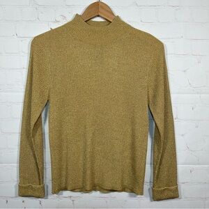 August Silk Ribbed Mock Neck Blouse Women’s Small Mustard Silk Metallic
